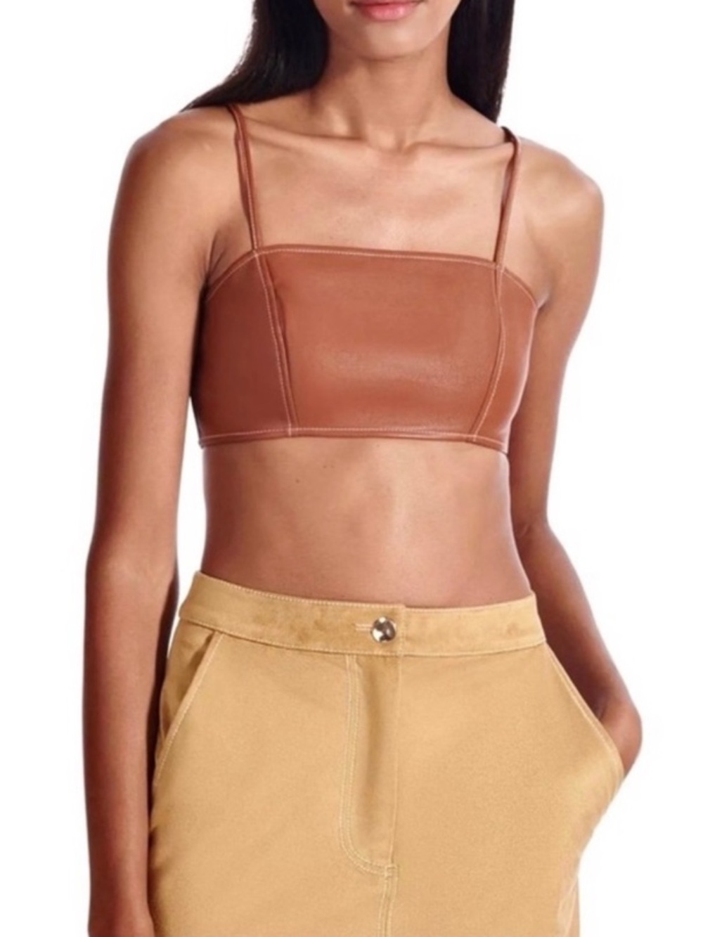 NEW STAUD BROWN FAUX LEATHER BANDEAU CROP TOP
